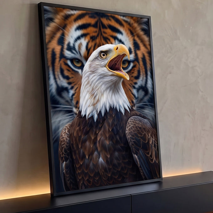 Quadro Decorativo Grande Águia e Tigre para Sala Branco | quadros decorativos para sala | águia de cabeça branca com bico aberto sobre fundo com rosto de tigre desfocado | Porao dos Quadros