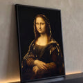 Mona Lisa clássica com véu em folhas de ouro craqueladas sobre fundo preto, quadro decorativo