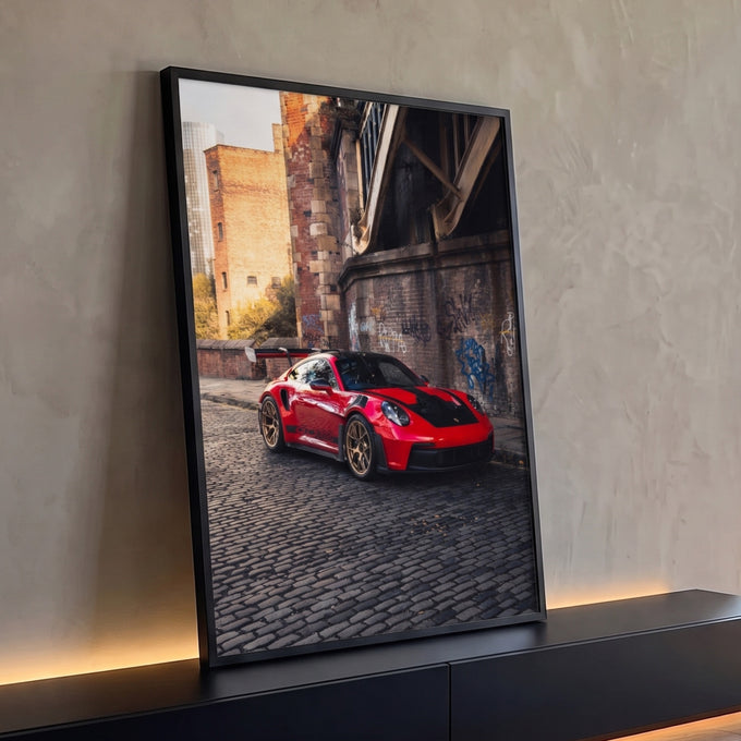 Porsche GT3 RS vermelho com rodas douradas em rua de paralelepípedos e muro grafitado, quadro decorativo