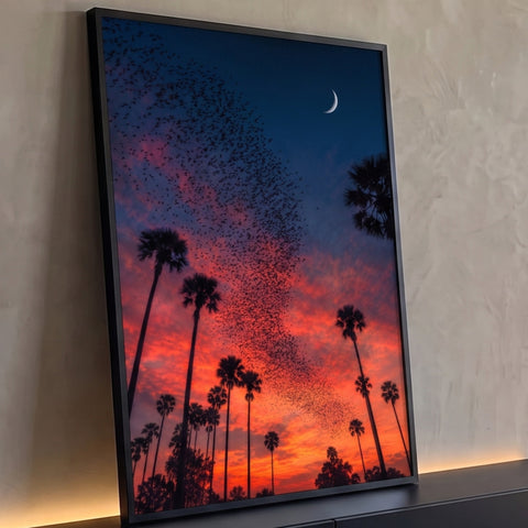 Céu de pôr do sol laranja e azul com palmeiras em silhueta, revoada de morcegos e lua crescente, quadro decorativo