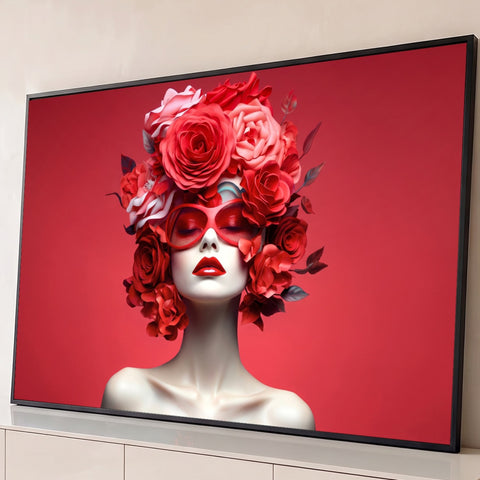 Mulher de óculos e lábios vermelhos com cabeça coberta de rosas em fundo vermelho, quadro decorativo