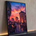 Moinhos de vento de pedra iluminados, café ao ar livre e céu laranja e roxo ao pôr do sol, quadro decorativo