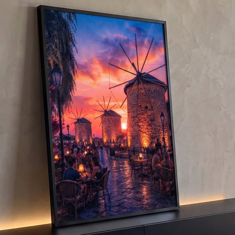 Moinhos de vento de pedra iluminados, café ao ar livre e céu laranja e roxo ao pôr do sol, quadro decorativo