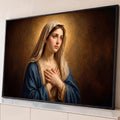 Quadro Decorativo Grande Nossa Senhora Peito para Sala Azul | quadros decorativos para sala | Nossa Senhora com véu bege e manto azul, mãos cruzadas sobre o peito em oração | Porao dos Quadros