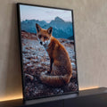 Raposa vermelha sentada olhando para a frente com montanhas azuis ao fundo, quadro decorativo