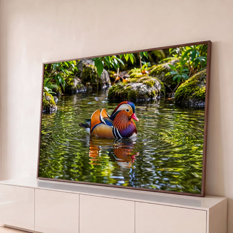 Pato-mandarim colorido nadando em lago verde com reflexo na água e pedras com musgo, quadro decorativo