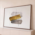 Quadro Decorativo Grande Abstrato e Cinza para Sala Dourado | quadros decorativos para sala | faixas abstratas em dourado e cinza cruzadas por linhas finas em ziguezague | Porao dos Quadros