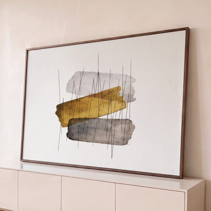 Quadro Decorativo Grande Abstrato e Cinza para Sala Dourado | quadros decorativos para sala | faixas abstratas em dourado e cinza cruzadas por linhas finas em ziguezague | Porao dos Quadros