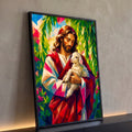Quadro Decorativo Grande Jesus Pastor Vermelho para Sala | quadros decorativos para sala | Jesus com cabelo longo segurando um cordeiro branco, em estilo geométrico colorido | Porao dos Quadros