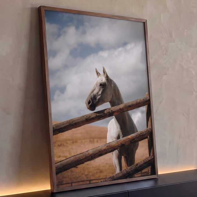 Cavalo branco atrás de cerca de madeira rústica com céu nublado e colinas ao fundo, quadro decorativo