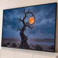 Árvore seca retorcida envolvendo lua cheia laranja sobre dunas do deserto e céu azul, quadro decorativo