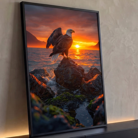 Águia-de-cabeça-branca de asas erguidas sobre rocha no mar ao pôr do sol laranja, quadro decorativo