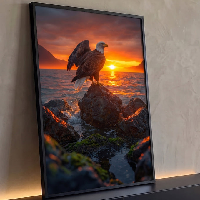 Quadro Decorativo Grande Águia na Rocha para Sala Laranja | quadros decorativos para sala | águia pousada em rocha à beira-mar com pôr do sol laranja ao fundo | Porao dos Quadros