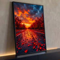 Estrada coberta de folhas vermelhas entre árvores de outono sob pôr do sol dramático, quadro decorativo