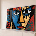 Quadro Decorativo Rosto Tribal Geométrico em Azul Vermelho | quadros decorativos para sala | rosto estilizado geométrico em azul, vermelho e dourado com padrões tribais | Porao dos Quadros