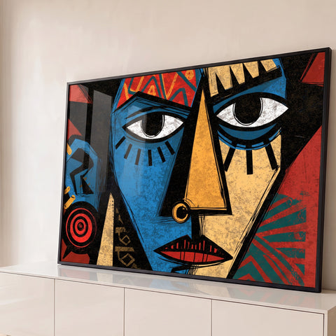 Rosto cubista com argola no nariz e grafismos africanos em azul, bege e vermelho, quadro decorativo