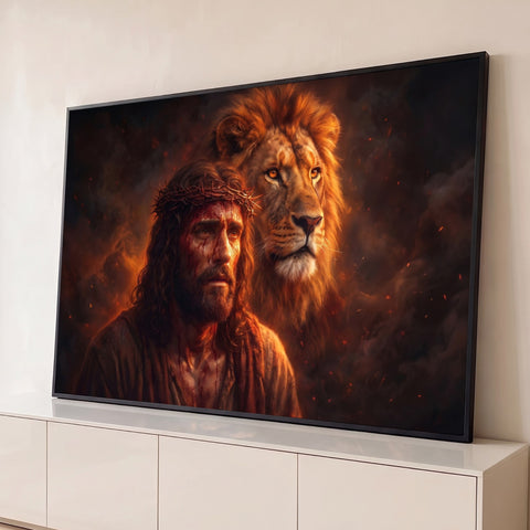 Jesus com coroa de espinhos ao lado do Leão de Judá em fundo de fogo e fumaça laranja, quadro decorativo