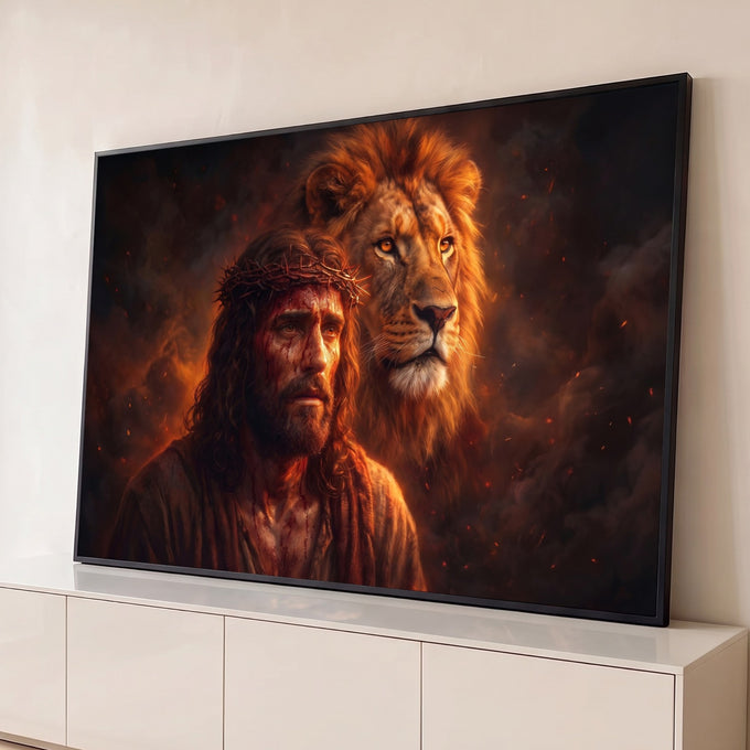 Jesus com coroa de espinhos ao lado do Leão de Judá em fundo de fogo e fumaça laranja, quadro decorativo