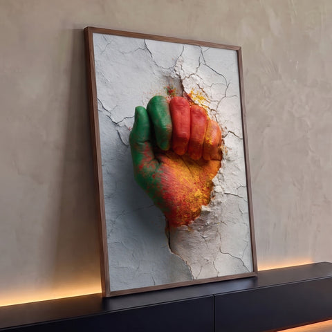 Punho cerrado verde, vermelho e amarelo com pó colorido rompendo parede branca rachada, quadro decorativo