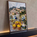 Cestas de limões, vasos de cerâmica azul e scooter amarela diante da vila de Positano, quadro decorativo