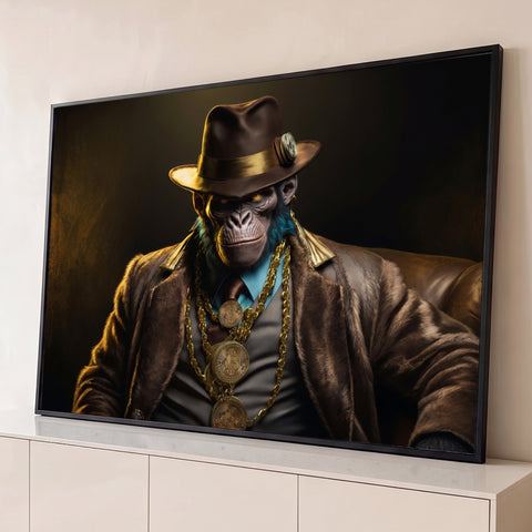 Chimpanzé de chapéu fedora, casaco de pele e correntes de ouro com moedas de Bitcoin, quadro decorativo