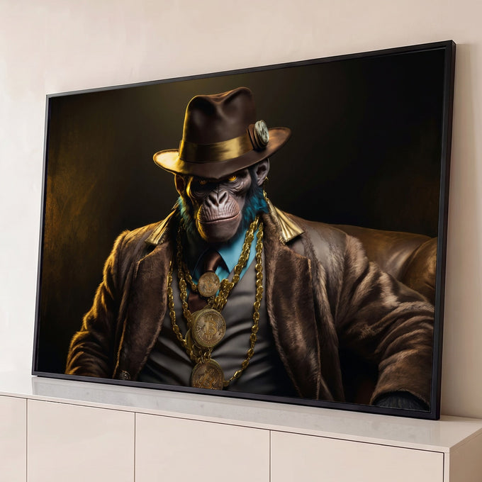Quadro Decorativo Grande Macaco de Terno para Sala Marrom | quadros decorativos para sala | macaco de terno e chapéu com correntes de ouro e moedas de Bitcoin | Porao dos Quadros