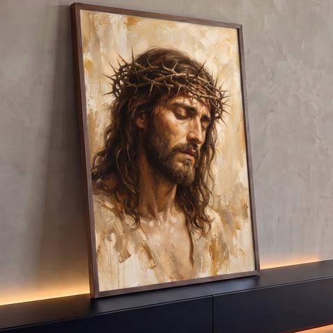 Quadro Decorativo Grande Jesus Cristo Marrom para Sala | quadros decorativos para sala | Jesus Cristo com coroa de espinhos, olhos fechados, pintura em tons dourados e bege | Porao dos Quadros