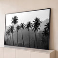 Quadro Decorativo Grande Coqueiros em Silhueta para Sala | quadros decorativos para sala | coqueiros em silhueta preto e branco com floresta coberta de neblina ao fundo | Porao dos Quadros