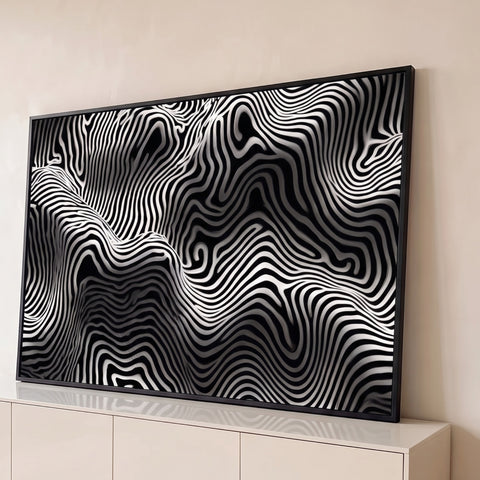 Linhas onduladas pretas e brancas formando relevo 3D ilusório, arte abstrata op art, quadro decorativo