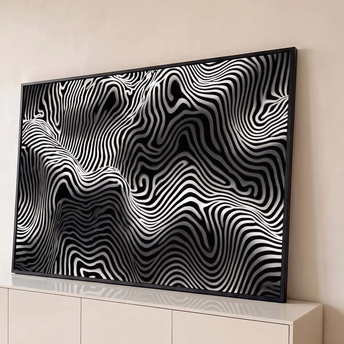 Quadro Decorativo Grande Ondas Abstratas para Sala Preto | quadros decorativos para sala | padrão abstrato de linhas onduladas preto e branco com efeito tridimensional | Porao dos Quadros
