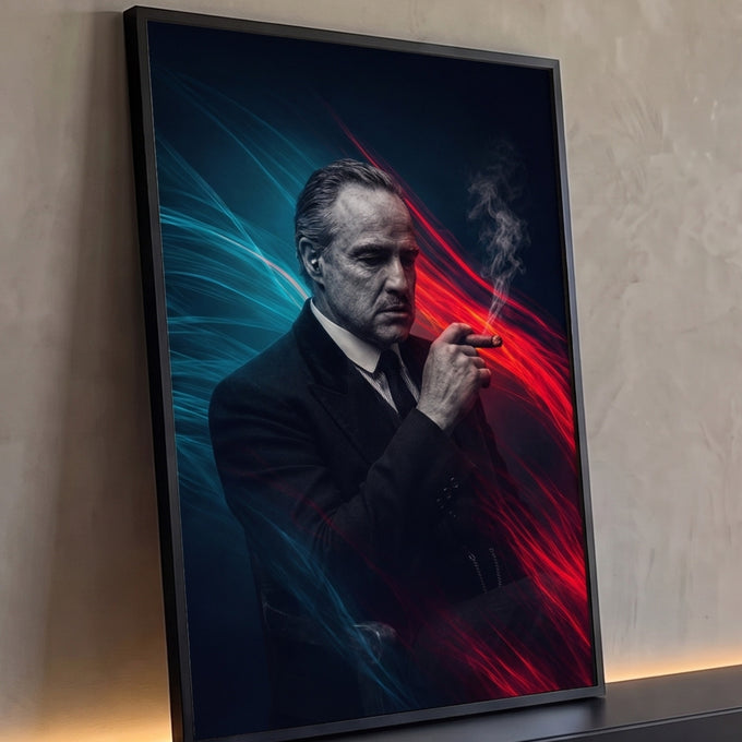 Gangster de terno fumando charuto com luzes neon vermelha e azul em fundo escuro, quadro decorativo