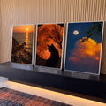 Quadro Decorativo Kit 3 Telas Gatos e Luas para Sala Laranja | quadros decorativos para sala | trio de gatos sob luas em tons de laranja, preto e azul | Porao dos Quadros