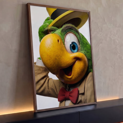 Papagaio verde de bico amarelo com chapéu, paletó bege e gravata vermelha em arte 3D, quadro decorativo