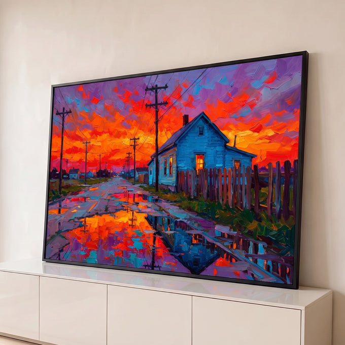 Quadro Decorativo Grande Casa Azul Laranja para Sala | quadros decorativos para sala | casa azul numa estrada molhada refletindo céu de pôr do sol laranja e roxo | Porao dos Quadros