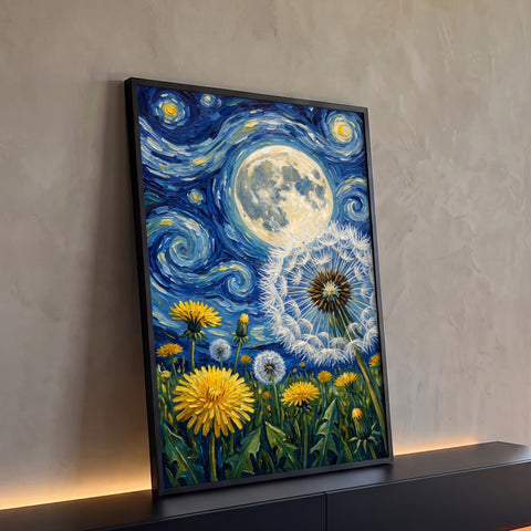 Dente-de-leão e flores amarelas sob lua cheia e céu em espirais azuis estilo Van Gogh, quadro decorativo