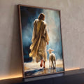Quadro Decorativo Grande Jesus Caminhando Dourado para Sala | quadros decorativos para sala | homem de manto dourado visto de costas caminhando com um cordeiro sob luz suave | Porao dos Quadros