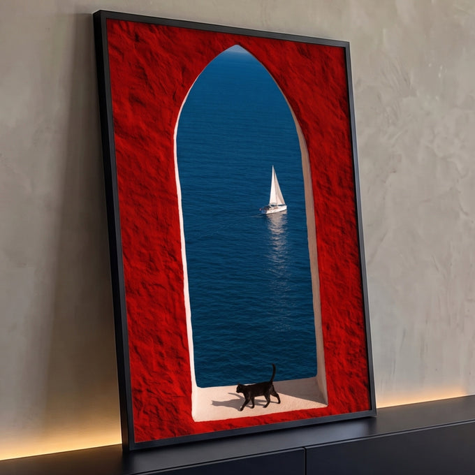 Arco vermelho com vista para o mar azul, veleiro branco e gato preto no parapeito, quadro decorativo