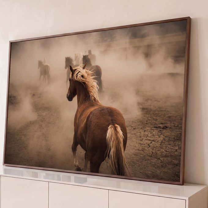 Cavalo alazão de crina loira, de costas, seguindo a manada no meio da poeira, quadro decorativo
