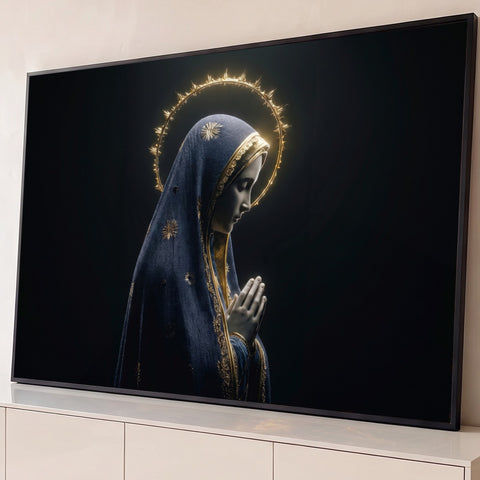 Nossa Senhora em perfil orando, manto azul com estrelas e auréola dourada em fundo preto, quadro decorativo