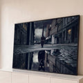 Quadro Decorativo Grande Gato Caminhando para Sala Preto | quadros decorativos para sala | gato preto de olhos dourados caminhando em rua noturna com reflexo na poça | Porao dos Quadros