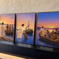 Quadro Decorativo Kit 3 Telas Jesus Chamando para Sala | quadros decorativos para sala | Jesus chamando pescadores à beira-mar em três cenas ao entardecer | Porao dos Quadros