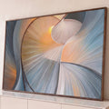 Quadro Decorativo Grande Espiral Abstrata para Sala Azul | quadros decorativos para sala | espiral abstrata com linhas finas e luz dourada central em tons de azul e cinza | Porao dos Quadros