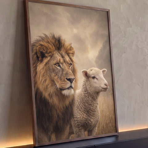 Leão de juba dourada ao lado de cordeiro branco em campo seco sob céu nublado, quadro decorativo