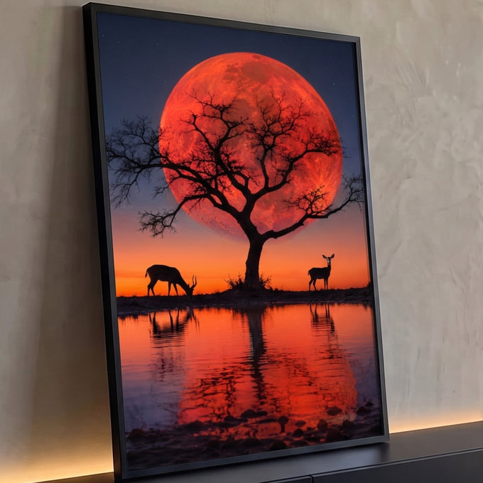 Lua vermelha gigante atrás de árvore em silhueta com antílopes refletidos no lago, quadro decorativo