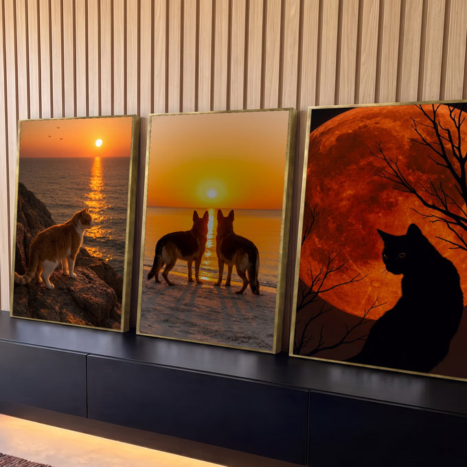 Quadro Decorativo Kit 3 Telas Gatos e Cães para Sala Laranja | quadros decorativos para sala | gato na pedra, dois cães na praia e gato preto sob lua laranja | Porao dos Quadros