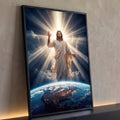 Quadro Decorativo Grande Jesus Cristo com Luz para Sala Azul | quadros decorativos para sala | Jesus Cristo de braços abertos irradiando luz sobre a Terra vista do espaço | Porao dos Quadros