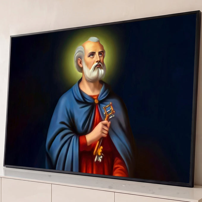 São Pedro apóstolo com auréola, manto azul e chave dourada sobre fundo azul escuro, quadro decorativo