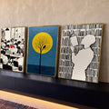 Quadro Decorativo Kit 3 Telas Leitura Escritório para Sala | quadros decorativos para sala | cena tríptica com escritório, árvore sob lua amarela e silhuetas lendo em preto e branco | Porao dos Quadros