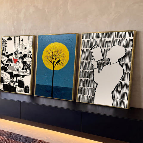 Quadro Decorativo Kit 3 Telas Leitura Escritório para Sala | quadros decorativos para sala | cena tríptica com escritório, árvore sob lua amarela e silhuetas lendo em preto e branco | Porao dos Quadros