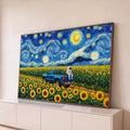 Astronauta em picape azul entre girassóis sob céu de noite estrelada estilo Van Gogh, quadro decorativo